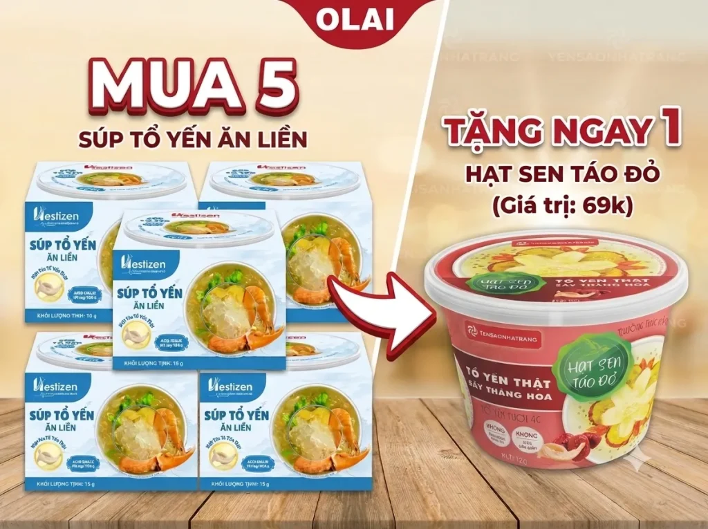Mua 5 Súp Tổ Yến Ăn Liền – Tặng Ngay 1 Tổ Yến Sấy Thăng Hoa Hạt Sen Táo Đỏ